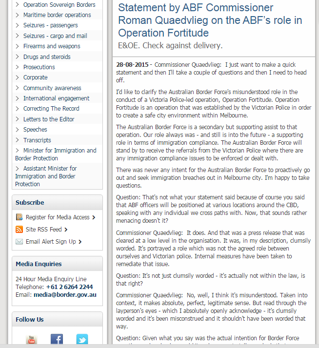 Australian Border Force press release re cancellation of Operation Fortitude
