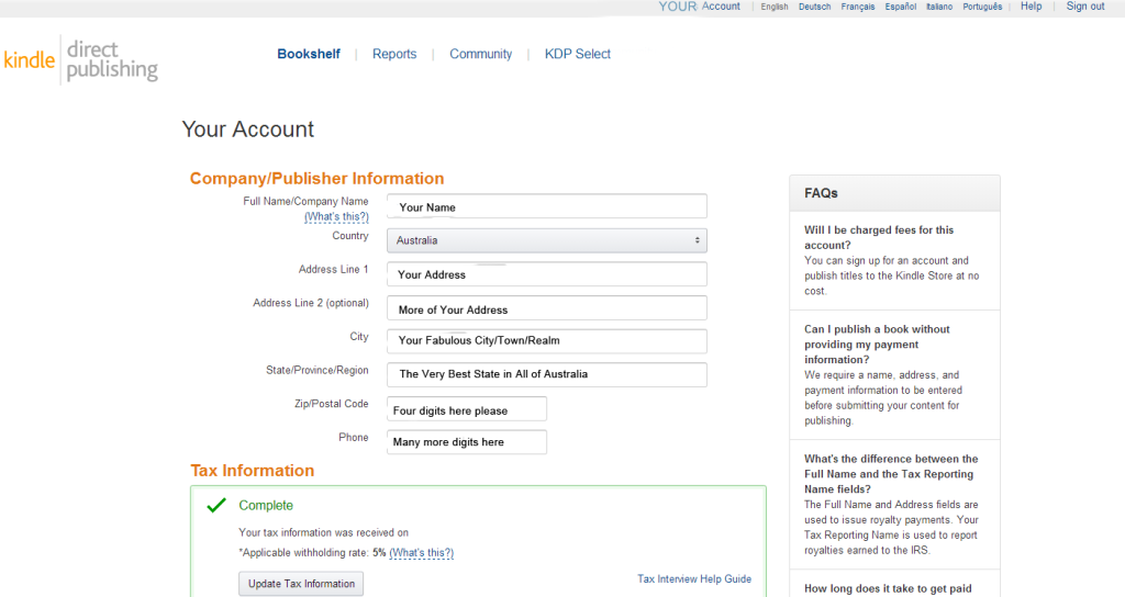 KDP Account page screenshot